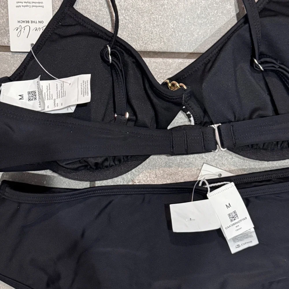 Cupshe Bikini Set Women Medium Black White New Striped High Waisted Underwire